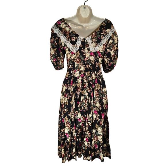 Vtg Floral Lace Bib 80s Midi Dress Shoulder Pads Modest Church 11 Medium USA - Picture 9 of 15